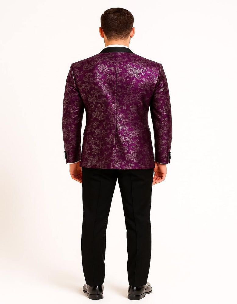 Men's Pinkish ~ Purple Paisley Tuxedo Jacket with Black Satin Lapel – Formal Prom and Wedding Blazer in Meganta Color