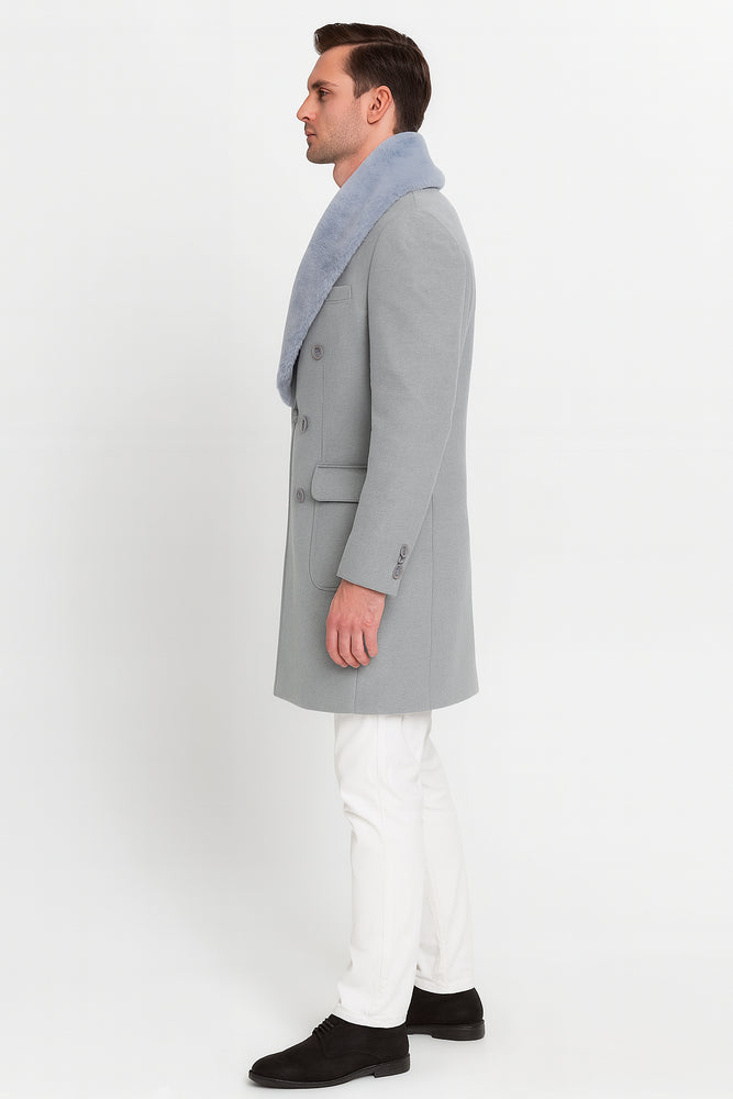 Men’s Light Grey Double Breasted Overcoat with Faux Fur Shawl Collar – Winter Luxury Coat Wool Fabric