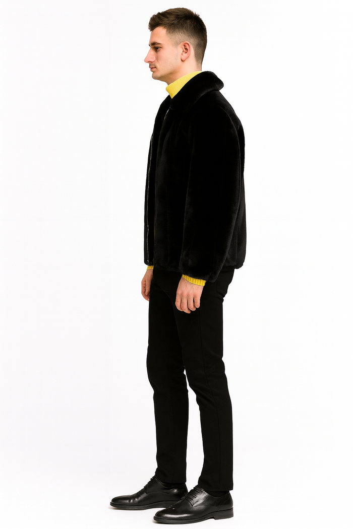 Men’s Black Faux Fur Jacket – Luxury Winter Zip-Up Coat with Soft Plush Finish