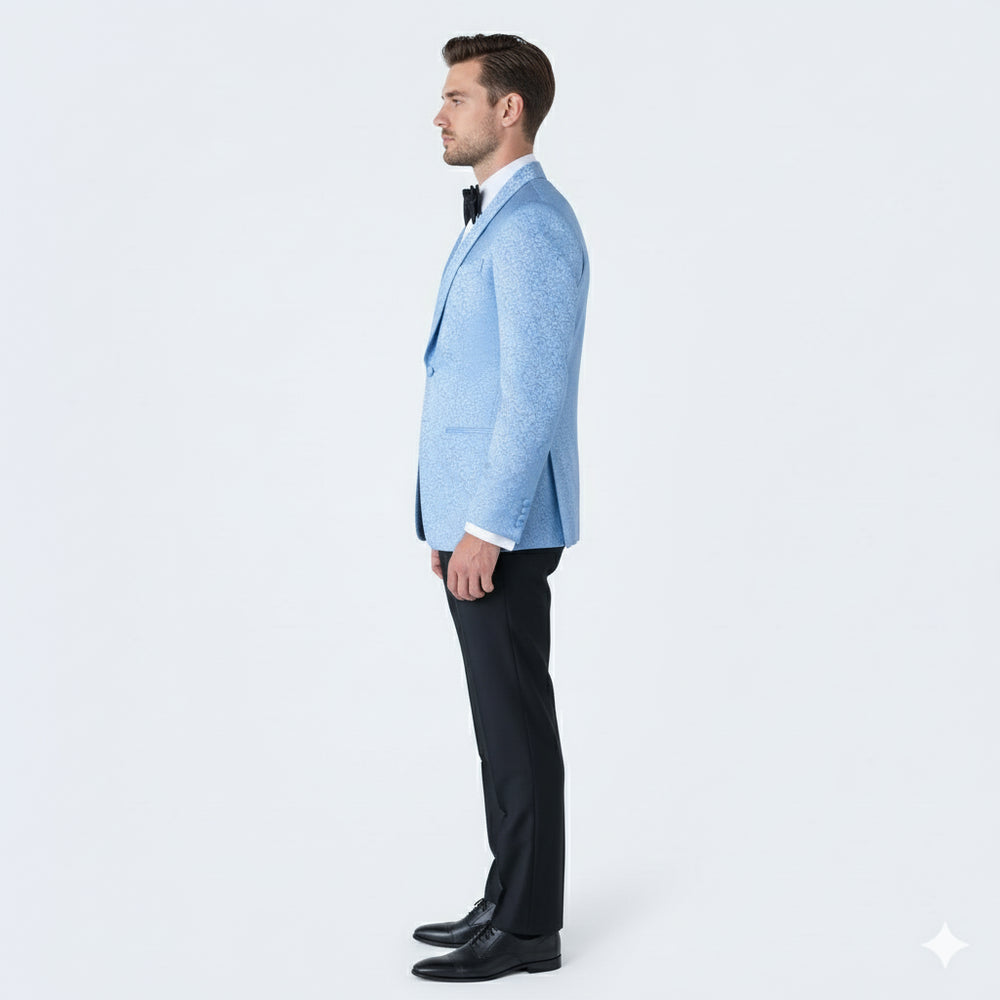 Men’s Light Blue Paisley Tuxedo Jacket – Elegant Satin Shawl Lapel Dinner Blazer for Weddings, Proms in Sky Powder Blue Color Bowtie