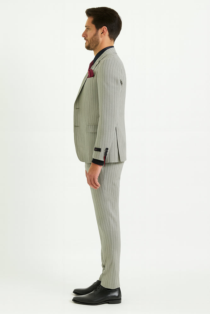 Men’s 3-Piece Light Grey Pinstripe Suit with Vest – Classic Business, Wedding, and Formal Attire