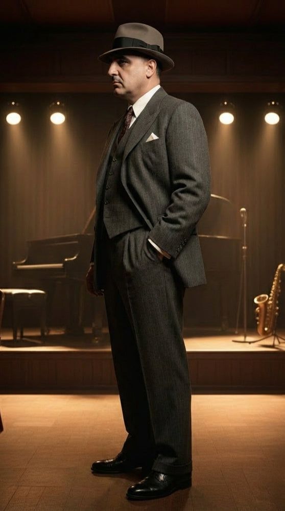 Al Capone Men’s Charcoal Gray Stripe 3-Piece Gangster Style Suit – 1920s Jazz Club Inspired Formal Suit Outfit