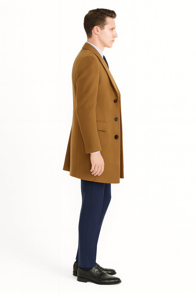 Men’s Camel Brown Wool Overcoat – Classic Long Dress Coat for Business and Casual Wear in Vecuna Color