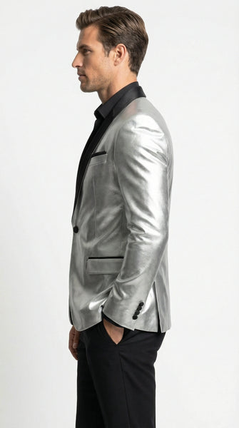 Men’s Shiny Silver Blazer with Black Lapel – Luxury Metallic Formal Jacket for Party, Evening and Special Events