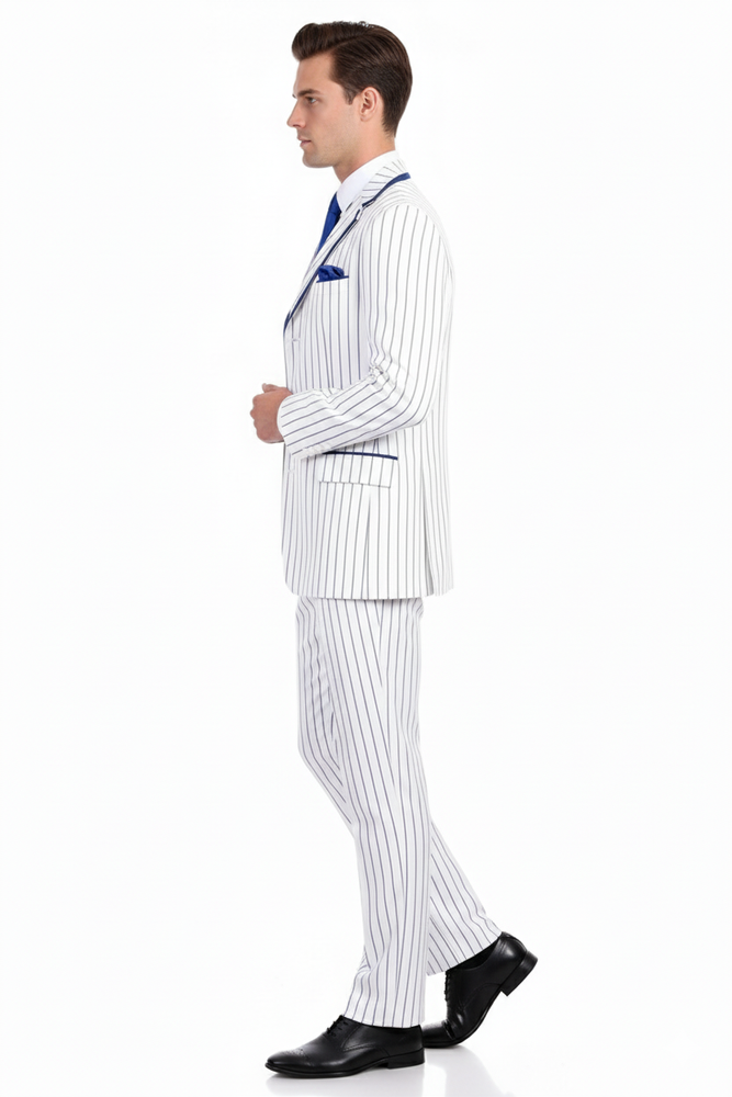 Men’s White and Royal Blue Pinstripe 3-Piece Suit – Classic Fit Blazer with Vest, Pants, and Tie