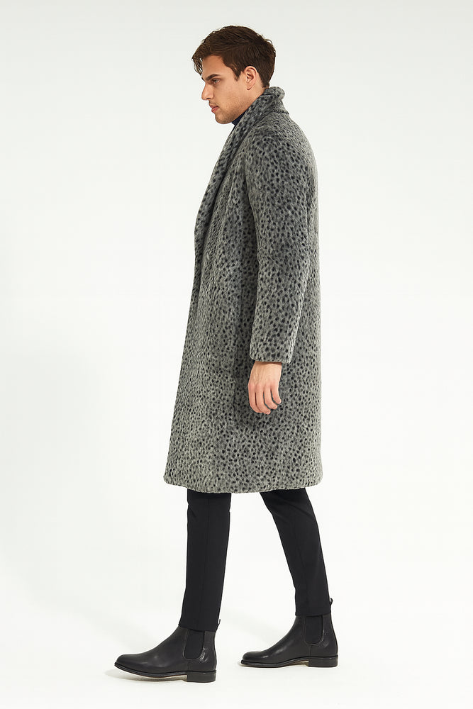 Men’s Luxury Long Grey Faux Fur Coat – Winter Overcoat with Animal Print Design