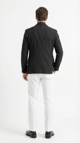 Men’s Black Seersucker Blazer – Textured Two-Button Notch Lapel Formal & Summer Sport Jacket in Black Tone-on-Tone Cotton Fabric