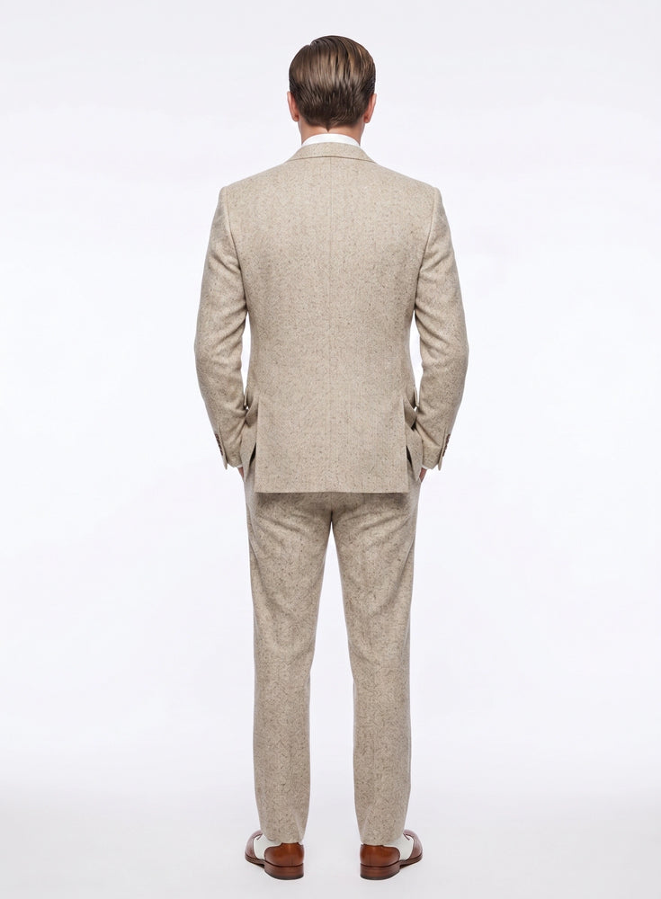 Men’s Light Tan Tweed Great Gatsby 3 Piece Suit – Vintage Vested Wedding Suit, 1920s Classic Formal Outfit Herringbone