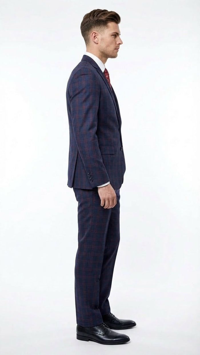 Men’s Navy Blue and Burgundy Checkered Two-Piece Suit Plaid Windowpane – Flat Front Pants or Pleated Wide Leg Pants - 100% Wool
