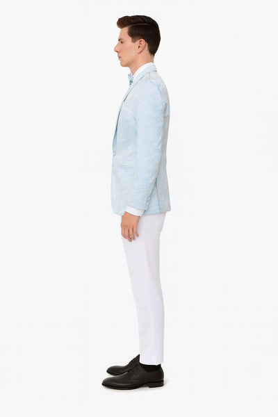 Mens Light Blue Paisley Tuxedo Jacket with Matching Bow Tie – Slim Fit Blazer for Weddings, Prom, and Formal Events