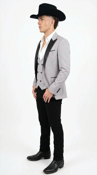 Men’s Light Gray Cowboy Tuxedo with Black Satin Lapel – Western Formal Suit with Double Breasted Vest