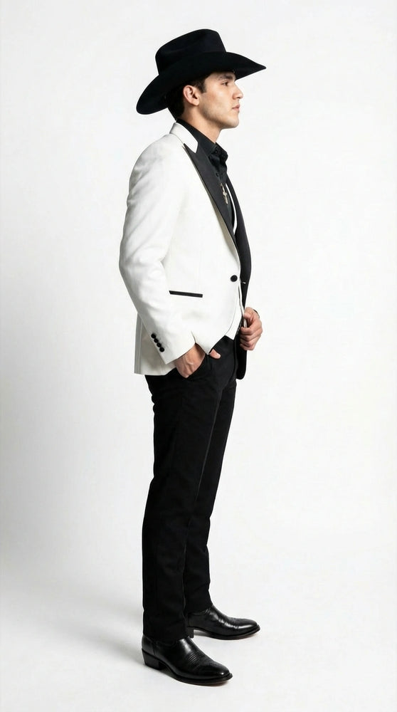 Men’s White Cowboy Tuxedo with Black Satin Lapel – Western Formal Suit with Matching Vest