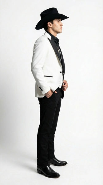 Men’s White Cowboy Tuxedo with Black Satin Lapel – Western Formal Suit with Matching Vest