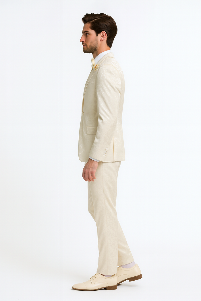 Men’s Champaign Ivory  Jacquard Paisley Tuxedo Suit with Satin Shawl Lapel – Elegant Wedding and Prom Outfit By Rossiman