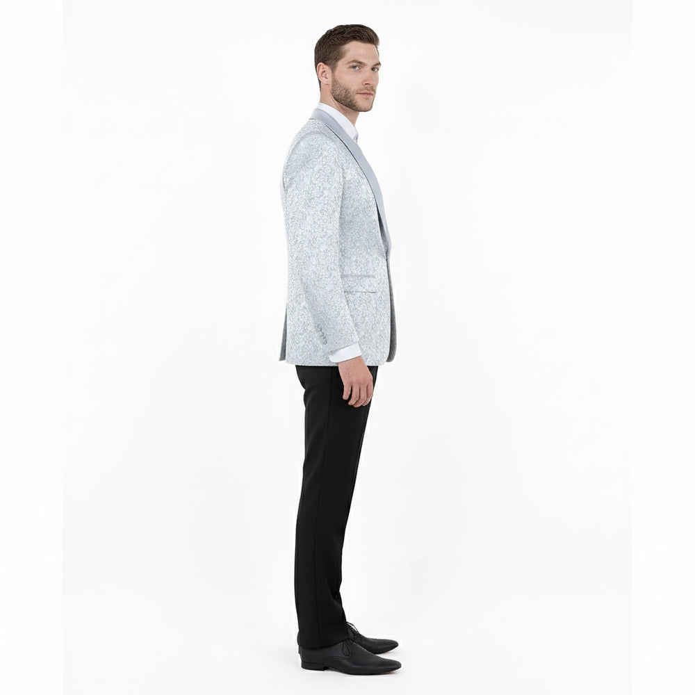 Big and Tall Men’s Silver Gray Paisley Tuxedo Jacket – Satin Shawl Lapel Blazer for Weddings, Proms, and Formal Events