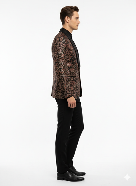 Men’s Black Shiny Designer Blazer with Red and Gold Pattern – Luxury Party & Wedding Jacket