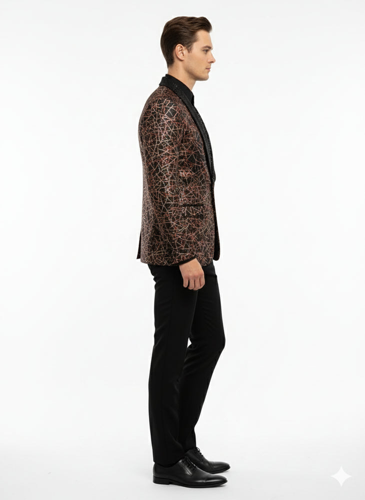 Men’s Black Shiny Designer Blazer with Red and Gold Pattern – Luxury Party & Wedding Jacket