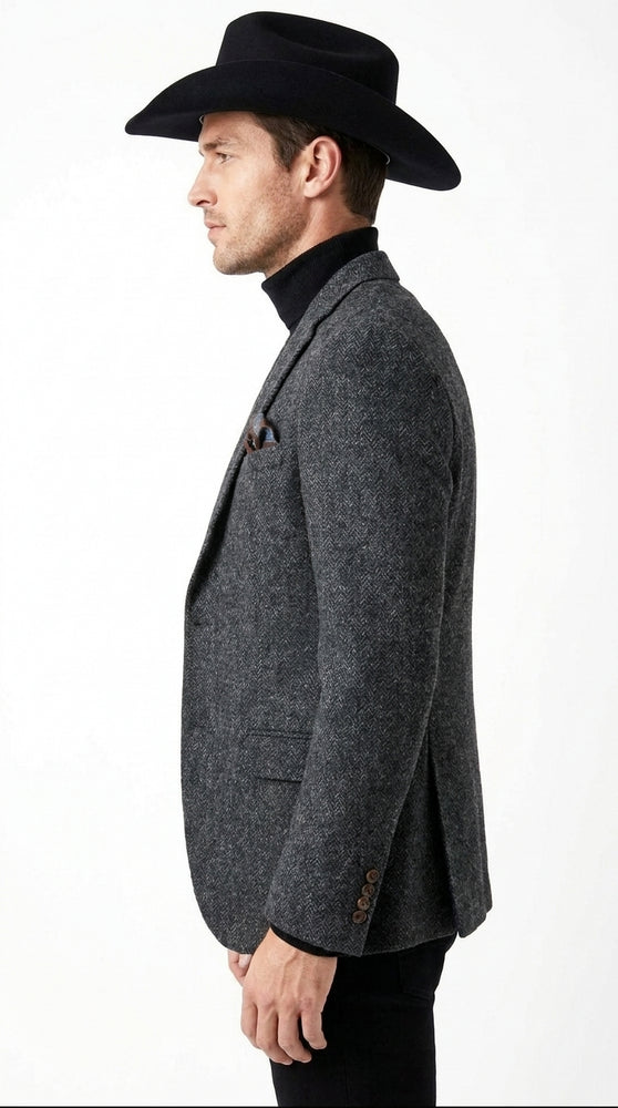Men’s Charcoal Grey Herringbone Western Winter Blazer – Cowboy Sport Coat Jacket