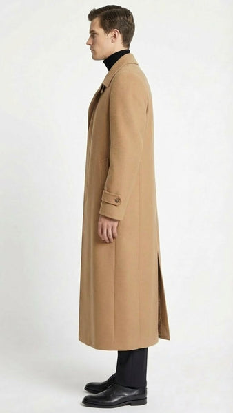 Men’s Full-Length Camel Overcoat – Classic Long Microfiber-Blend Coat for Winter and Formal Wear Maxi Duster Coat