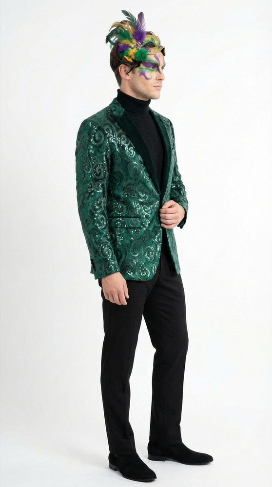 Mens Emerald Green Mardi Gras Blazer with Black Satin Lapel – Paisley Swirl Pattern Formal Party Jacket