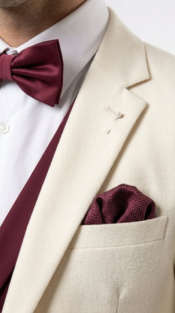 Men’s Cream Ivory and Burgundy 3 Piece Tuxedo Suit, Vested Formal Wedding Prom Dinner Suit in Cream Off White Color