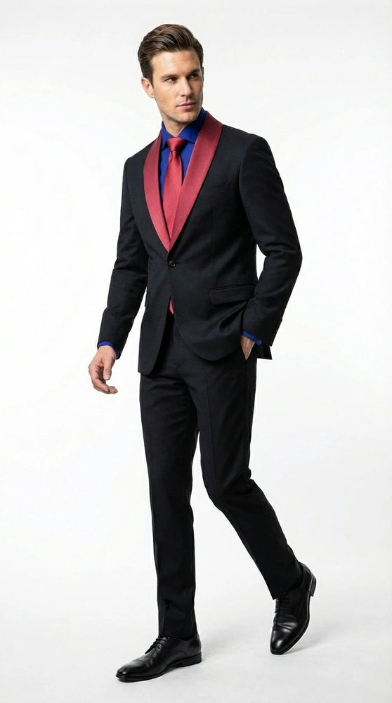 Men’s Black Suit with Burgundy Shawl Lapel –  Formal Tuxedo Suit for Wedding, Prom and Evening Events + Bowtie & Tie