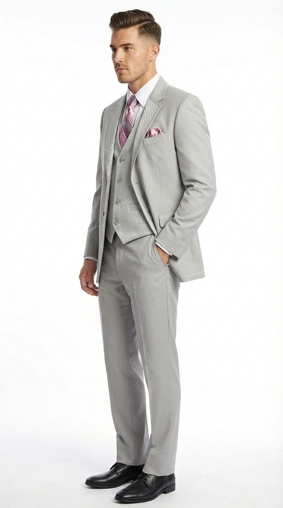 Men’s Light Gray 3 Piece Suit – Ice Silver Gray Formal Suit Set with Vest, Patterned Lapel and Tie for Wedding, Prom and Business Events