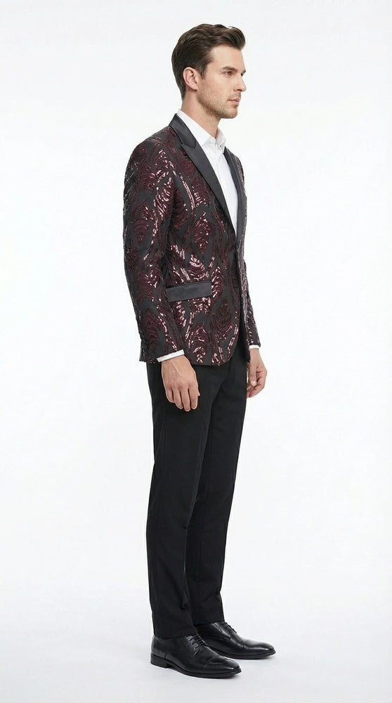 Men’s Black and Burgundy Sequin Blazer – Black Sparkle Sequin Party Blazer with Burgundy Pattern for Prom, Wedding Slim Fitted