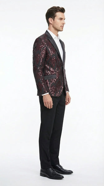 Men’s Black and Burgundy Sequin Blazer – Black Sparkle Sequin Party Blazer with Burgundy Pattern for Prom, Wedding Slim Fitted