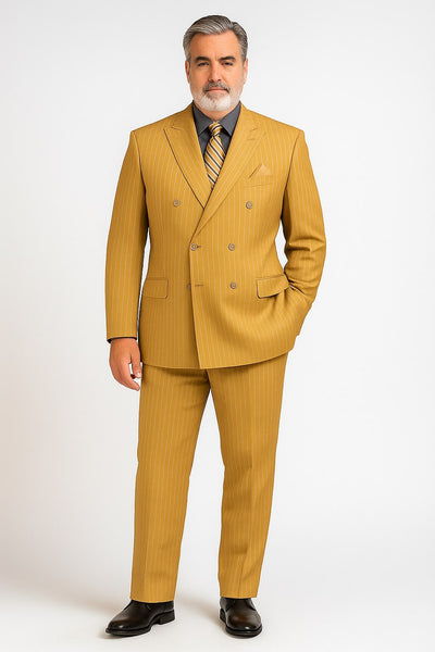 Mens Camel Tan Pinstripe Double-Breasted Suit – Bold 6-Button Modern Vintage Style