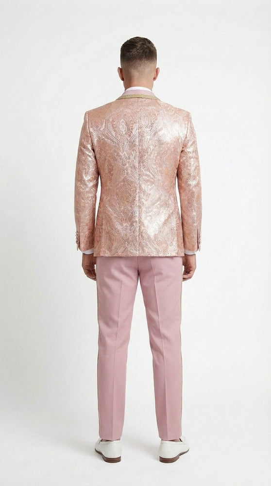 Men’s Rose Gold Pink Prom Tuxedo Suit – Slim Fit Paisley Pattern Formal Tuxedo Suit for Prom, Wedding and Special Events