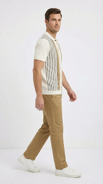 Mens Cream and Tan Striped Walking Suit Set – Casual Summer Short Sleeve Shirt and Pants Outfit for Vacation, Travel and Everyday Wear