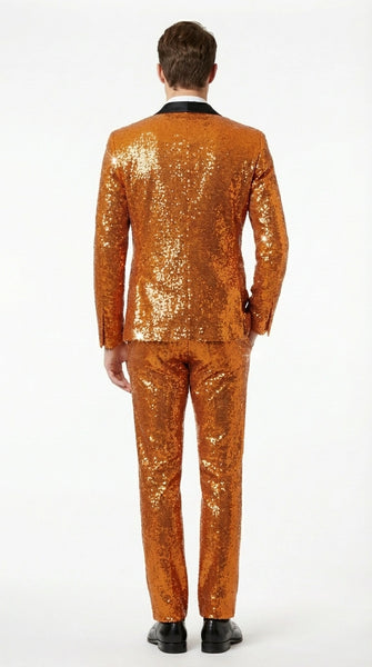 Mens Orange Sequin Tuxedo Suit – Shiny Wedding Suit Set with Black Lapel for Prom, Party, Gala and Formal Evening Wear - Goldish Orange
