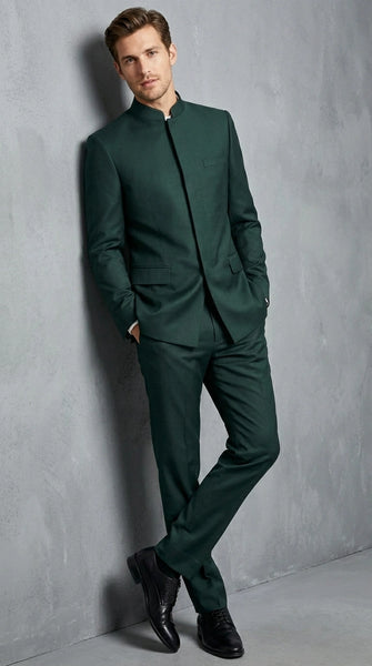 Men’s Olive Green Tuxedo Mandarin Collar Suit – Modern Nehru Style Formal Suit for Wedding Banded Collar