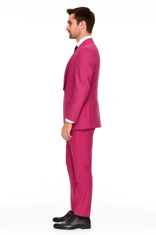 Mens Hot Pink Tuxedo Dinner Jacket + Pants with Shawl Lapel – Slim Fit 2-Piece Suit for Weddings, Proms Suit in Fuchsia Color