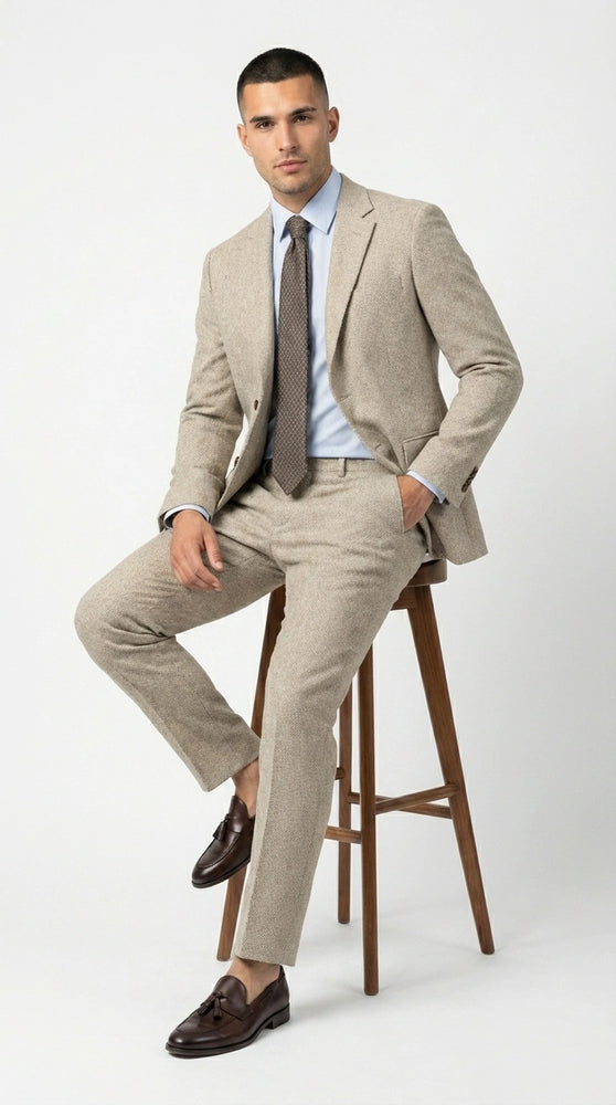 Men’s Light Tan Tweed Suit – Classic Beige Two Piece Suit, Herringbone Formal Wear, Vintage Style Business & Wedding Outfit for Men