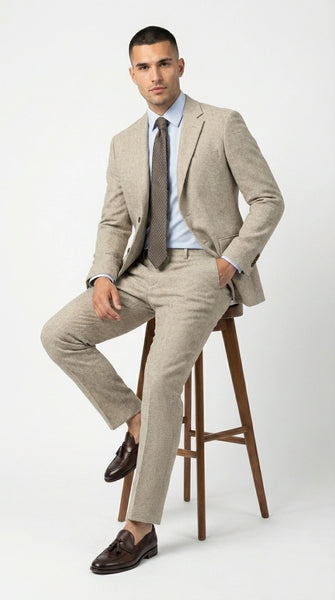 Men’s Light Tan Tweed Suit – Classic Beige Two Piece Suit, Herringbone Formal Wear, Vintage Style Business & Wedding Outfit for Men