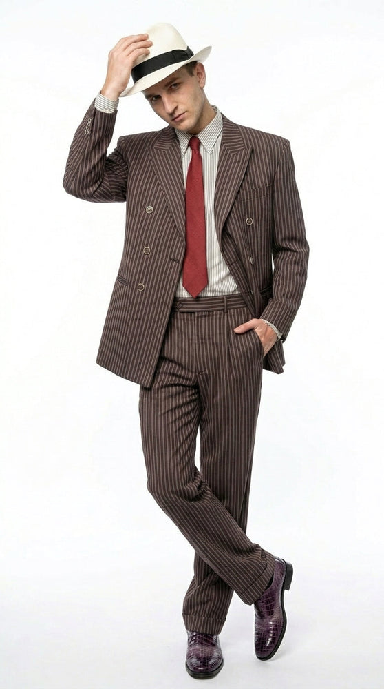 Men’s Brown Pinstripe Bonnie and Clyde Costume Suit – Vintage Gangster 1920s Outfit for Party, Halloween and Themed Events