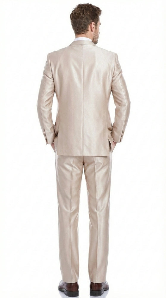 Men’s Champagne Tan Sharkskin 2 Button Suit – Shiny Formal Suit with Optional Vest for Wedding, Prom, Business Beige Color