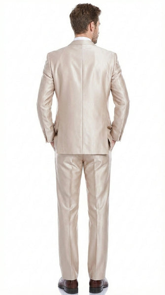 Men’s Champagne Tan Sharkskin 2 Button Suit – Shiny Formal Suit with Optional Vest for Wedding, Prom, Business Beige Color