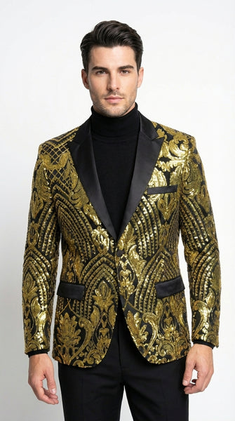 Mens Black and Gold Pattern Blazer – Gold Floral Luxury Formal Blazer Jacket for Prom, Wedding and Party Slim Fitted