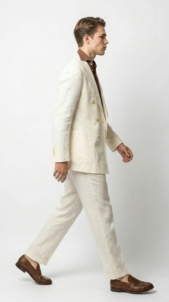 Men’s Off White 70s Style Double Breasted Suit – Vintage Retro Wide Lapel Classic Outfit for Party, Wedding and Casual Fashion Wear