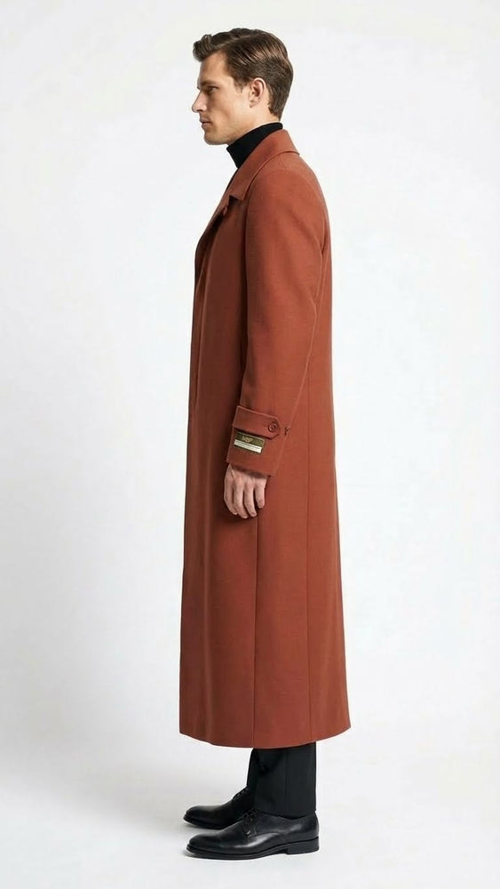 Men’s Full-Length Cognac Overcoat – Premium Wool-Blend Long Dress Coat for Winter and Formal Wear in Rust Brick Color
