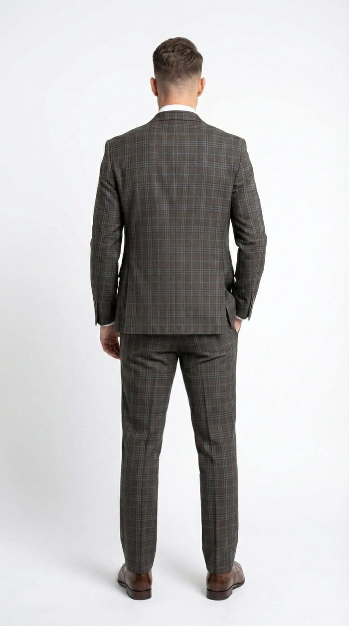 Vitali Men’s Brown Grey with blue Check 3 Piece Suit – Classic Plaid Formal Suit Set with Blazer, Vest & Trousers, Business Wedding Party Wear for Men Modern Fit