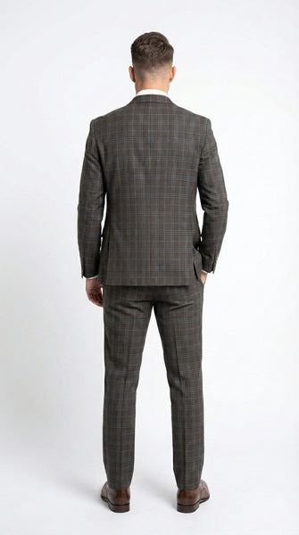Vitali Men’s Brown Grey with blue Check 3 Piece Suit – Classic Plaid Formal Suit Set with Blazer, Vest & Trousers, Business Wedding Party Wear for Men Modern Fit