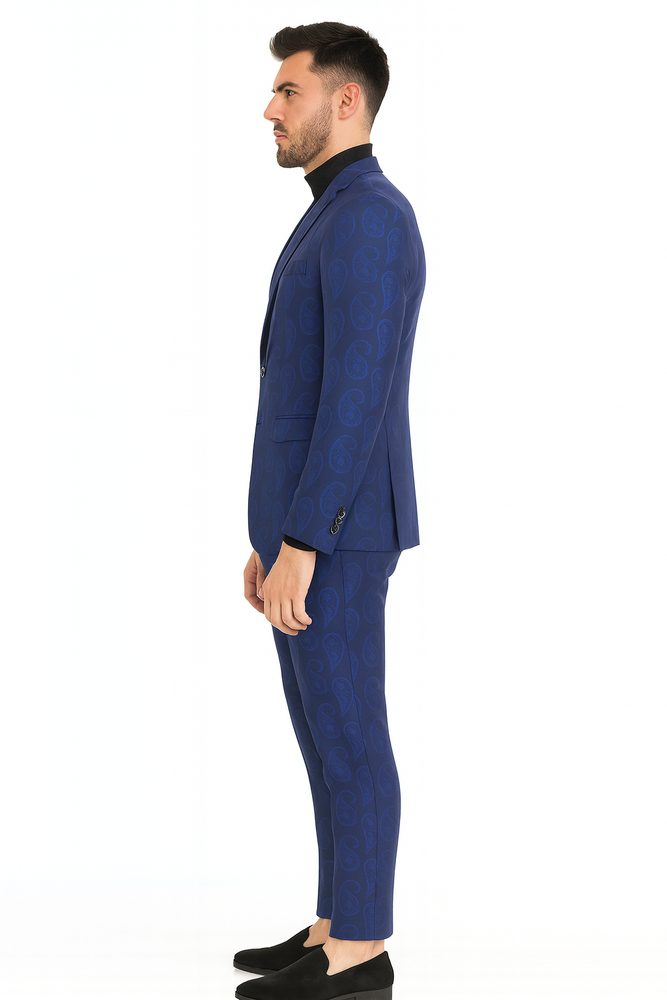 Men’s Sapphire Blue Paisley 3-Piece Suit – Slim Fit Designer Tuxedo Set for Weddings and Formal Events in Cobalt Blue Color