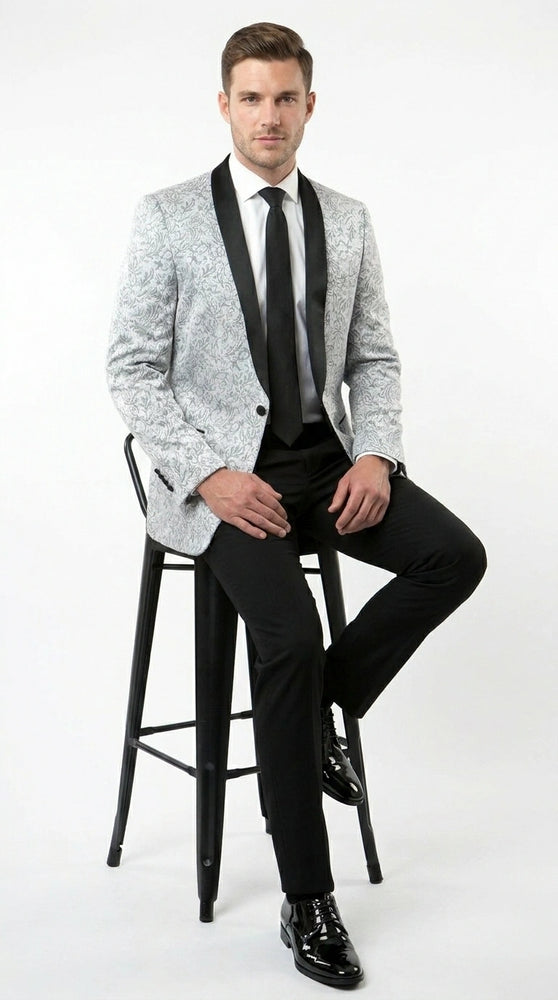 Men’s Silver and Black Floral Blazer – Elegant Formal Tuxedo Style Blazer Jacket for Wedding, Party, Prom and Evening Wear