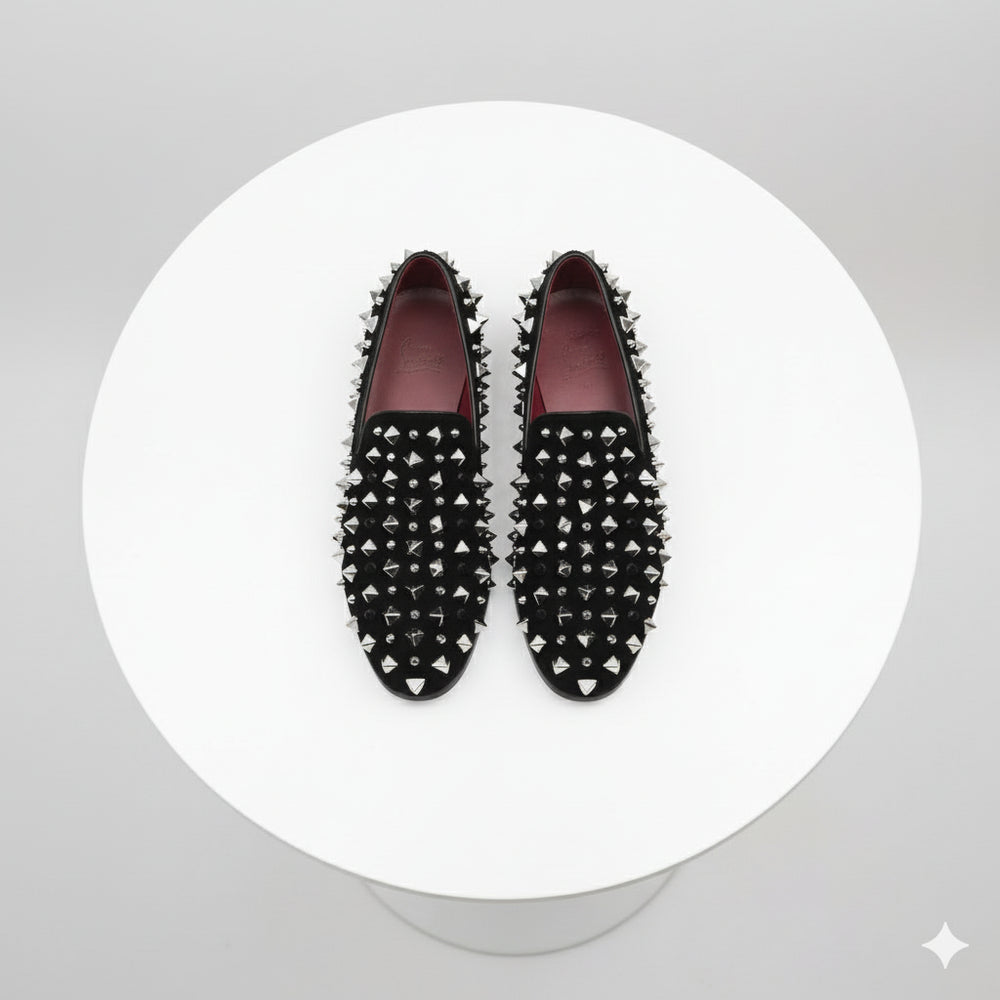 Men’s Black Studded Loafers with Silver Spikes – Luxury Slip-On Dress Shoes for Parties and Formal Events