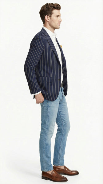 Mens Navy Blue Pinstripe Blazer – Classic Tailored Formal Jacket for Business, Office and Smart Casual Wear