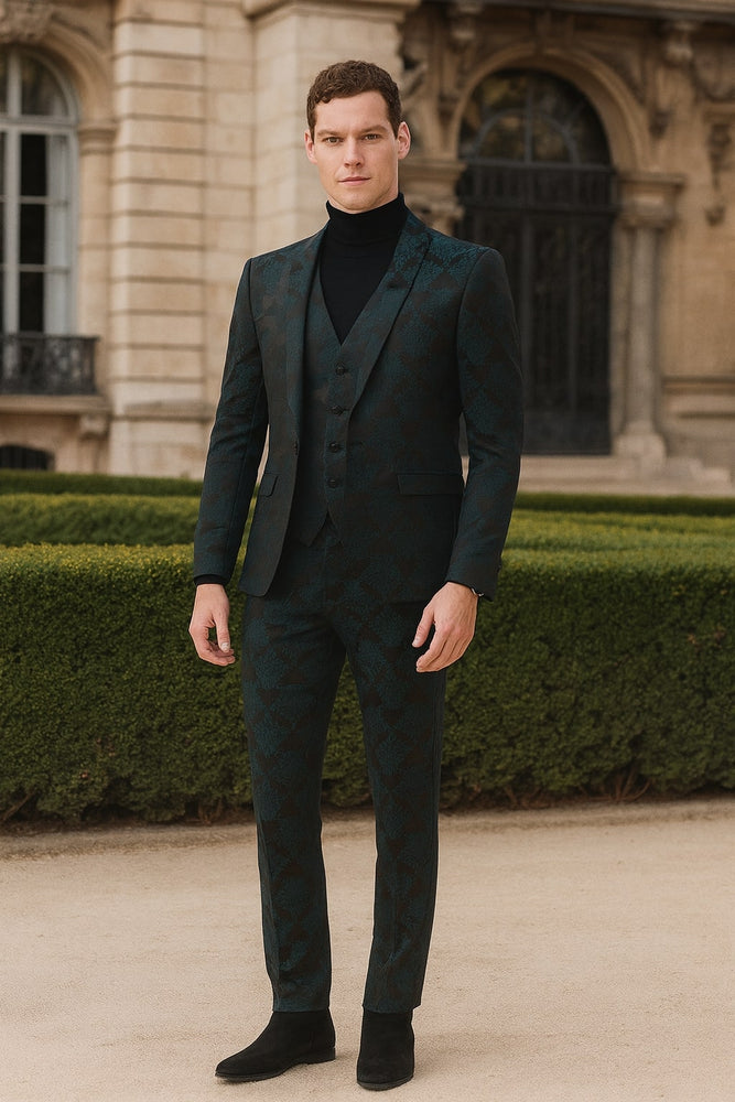 Men’s Emerald Green Floral Jacquard 3-Piece Tuxedo Suit – Slim Fit Formal Set with Blazer, Vest, and Pants Paisley Fabric - Ultra slim fitted